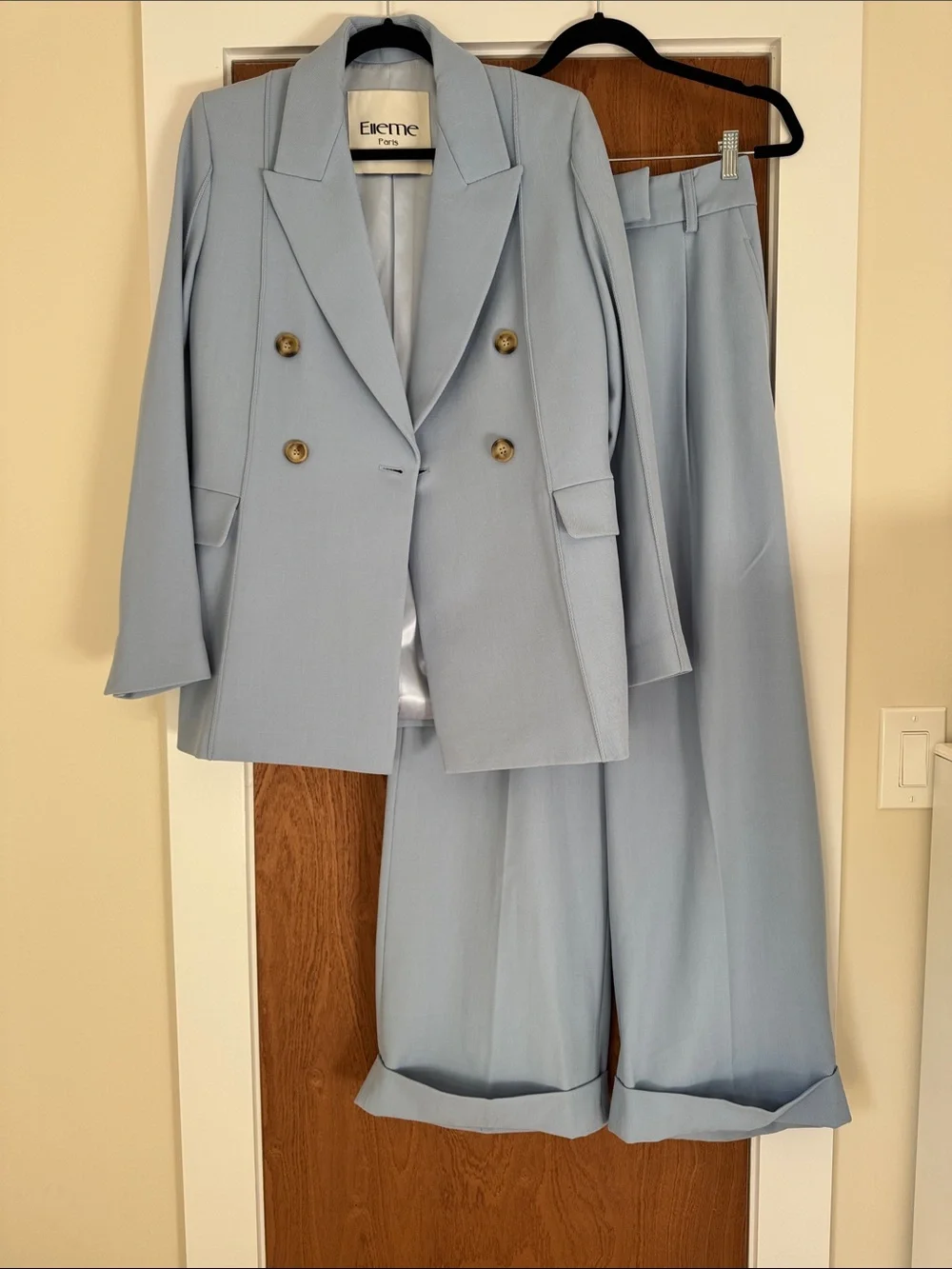 Elleme Light Blue Double-Breasted Blazer & Wide-Leg Trousers Set